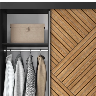 Kleiderschrank mit Spiegel und Schiebetüren 120 cm VALORA – schwarz/karamellfarbene Eiche