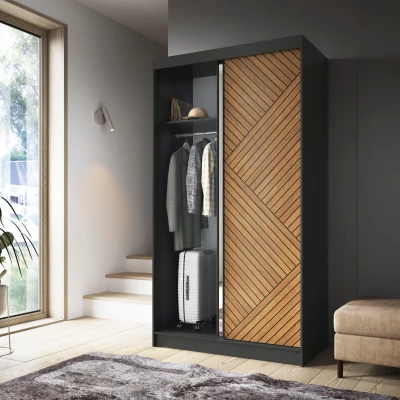 Kleiderschrank mit Spiegel und Schiebetüren 120 cm VALORA – schwarz/karamellfarbene Eiche