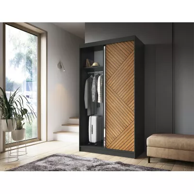 Kleiderschrank mit Spiegel und Schiebetüren 120 cm VALORA – schwarz/karamellfarbene Eiche
