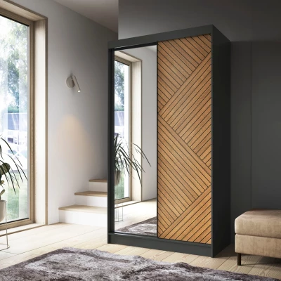 Kleiderschrank mit Spiegel und Schiebetüren 120 cm VALORA – schwarz/karamellfarbene Eiche