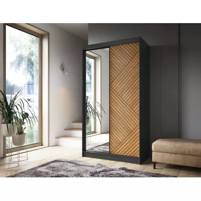 Kleiderschrank mit Spiegel und Schiebetüren 120 cm VALORA – schwarz/karamellfarbene Eiche