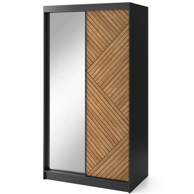 Kleiderschrank mit Spiegel und Schiebetüren 120 cm VALORA – schwarz/karamellfarbene Eiche