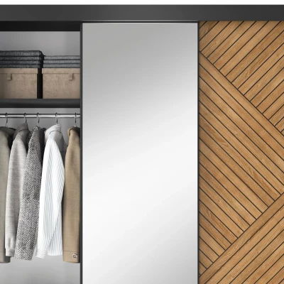 Kleiderschrank mit Spiegel und Schiebetüren 180 cm VALORA - schwarz / karamellfarbene Eiche