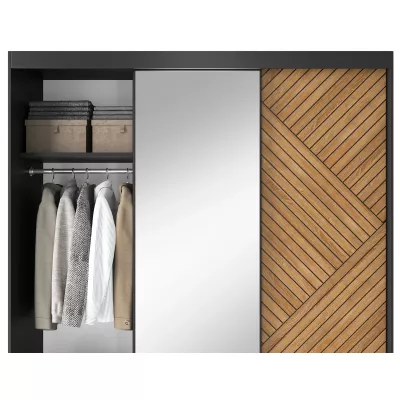 Kleiderschrank mit Spiegel und Schiebetüren 180 cm VALORA - schwarz / karamellfarbene Eiche
