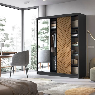 Kleiderschrank mit Spiegel und Schiebetüren 180 cm VALORA - schwarz / karamellfarbene Eiche