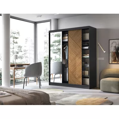 Kleiderschrank mit Spiegel und Schiebetüren 180 cm VALORA - schwarz / karamellfarbene Eiche