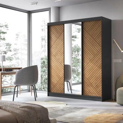 Kleiderschrank mit Spiegel und Schiebetüren 180 cm VALORA - schwarz / karamellfarbene Eiche