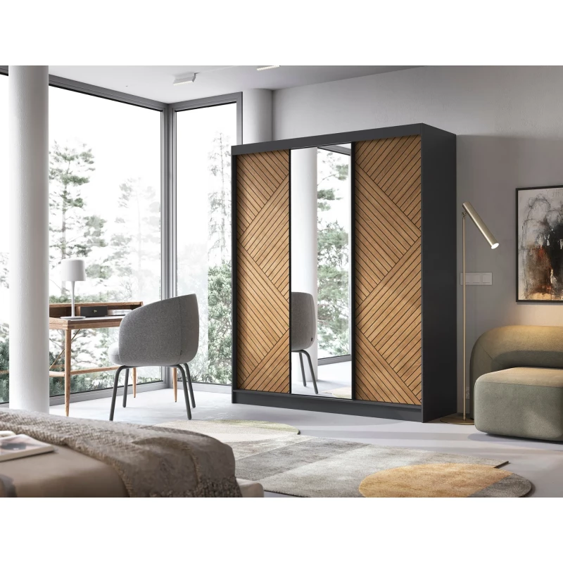 Kleiderschrank mit Spiegel und Schiebetüren 180 cm VALORA - schwarz / karamellfarbene Eiche