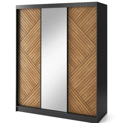 Kleiderschrank mit Spiegel und Schiebetüren 180 cm VALORA - schwarz / karamellfarbene Eiche