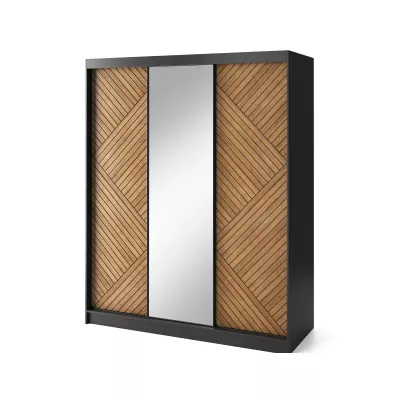 Kleiderschrank mit Spiegel und Schiebetüren 180 cm VALORA - schwarz / karamellfarbene Eiche