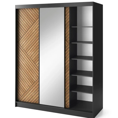 Kleiderschrank mit Spiegel und Schiebetüren 180 cm VALORA - schwarz / karamellfarbene Eiche
