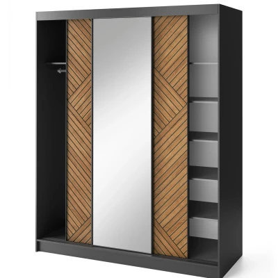 Kleiderschrank mit Spiegel und Schiebetüren 180 cm VALORA - schwarz / karamellfarbene Eiche