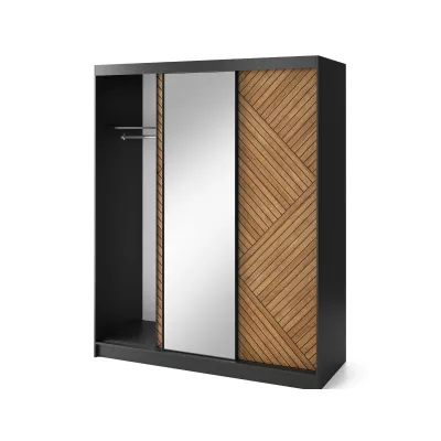 Kleiderschrank mit Spiegel und Schiebetüren 180 cm VALORA - schwarz / karamellfarbene Eiche