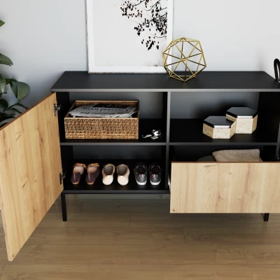 Kommode mit Schublade und Tür CYMBELINE – Schwarz/Eiche (Artisan)