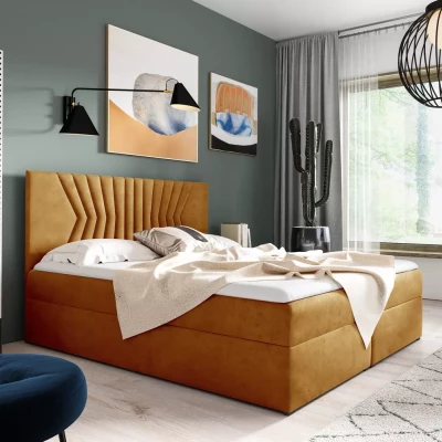 Polsterbett mit gestepptem Kopfteil AKIM – 120 x 220 cm, gelb + GRATIS Matratzenauflage