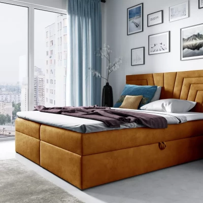 Polsterbett mit gestepptem Kopfteil SUSANA – 120 x 220 cm, gelb + GRATIS Matratzenauflage