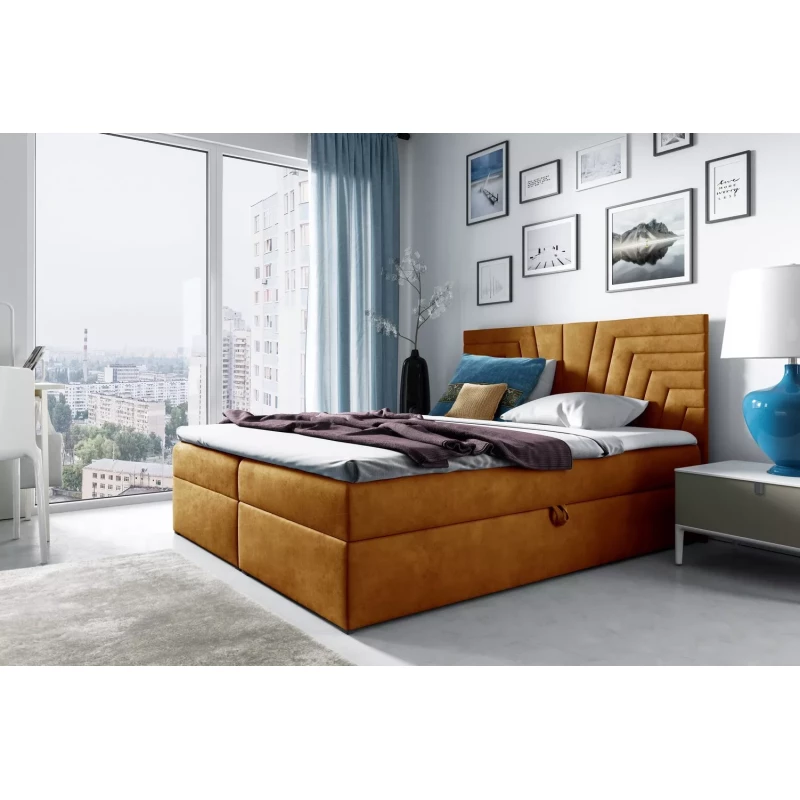 Polsterbett mit gestepptem Kopfteil SUSANA – 120 x 220 cm, gelb + GRATIS Matratzenauflage
