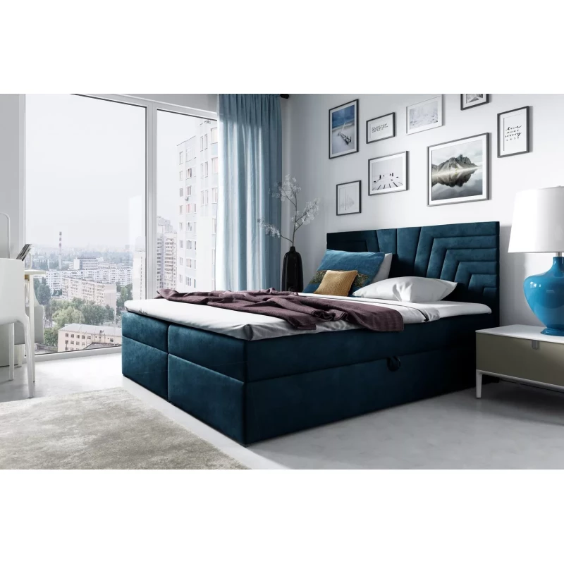 Polsterbett mit gestepptem Kopfteil SUSANA – 120 x 220 cm, blau + GRATIS Matratzenauflage