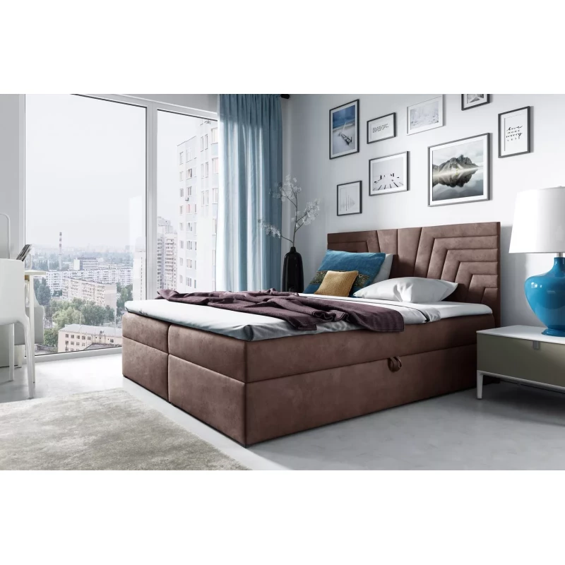 Polsterbett mit gestepptem Kopfteil SUSANA – 120 x 220 cm, braun, 2 Stück + GRATIS Matratzenauflage