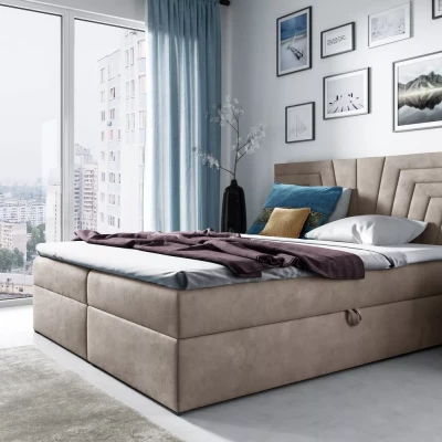 Polsterbett mit gestepptem Kopfteil SUSANA – 120 x 220 cm, beige + GRATIS Matratzenauflage