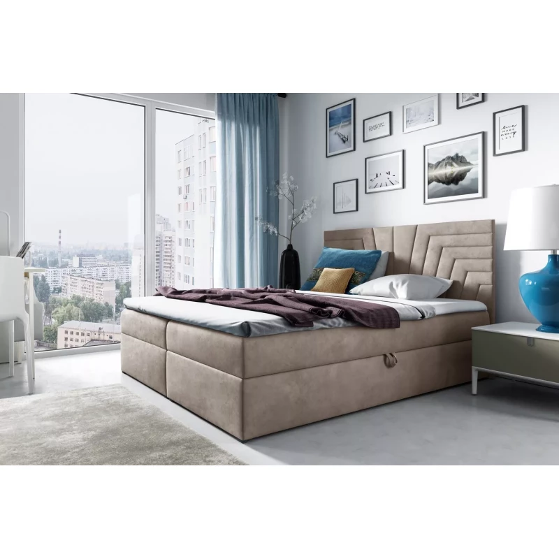 Polsterbett mit gestepptem Kopfteil SUSANA – 120 x 220 cm, beige + GRATIS Matratzenauflage