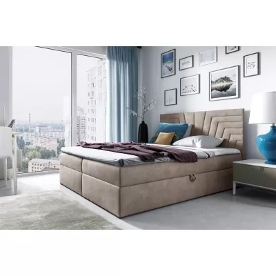 Polsterbett mit gestepptem Kopfteil SUSANA – 120 x 220 cm, beige + GRATIS Matratzenauflage