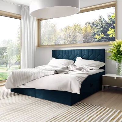 Boxspringbett mit gestepptem Kopfteil ISAR – 160 x 220 cm, blau + GRATIS Matratzenauflage