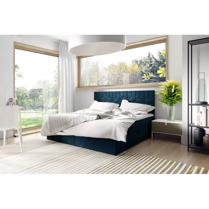 Boxspringbett mit gestepptem Kopfteil ISAR – 160 x 220 cm, blau + GRATIS Matratzenauflage