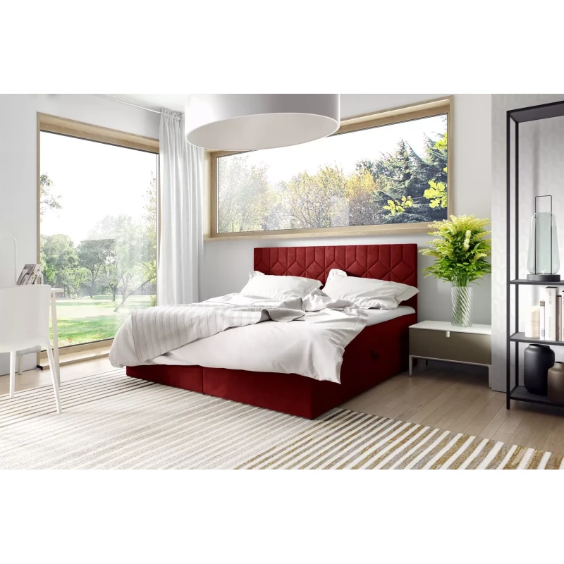 Boxspringbett mit gestepptem Kopfteil ISAR – 160 x 220 cm, rot + GRATIS Matratzenauflage