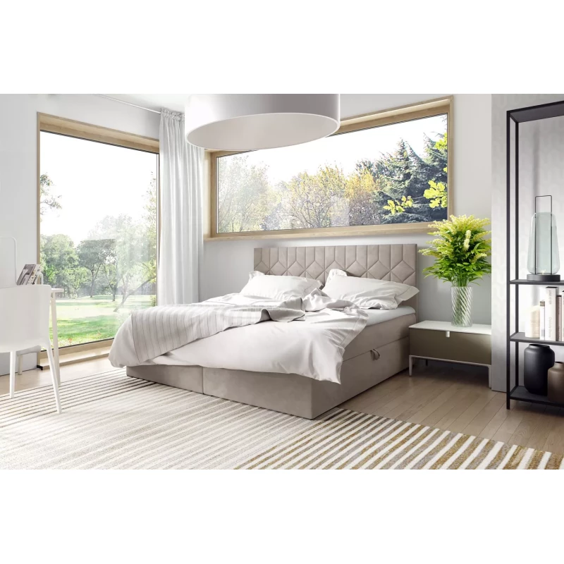 Boxspringbett mit gestepptem Kopfteil ISAR – 160 x 220 cm, beige + GRATIS Matratzenauflage