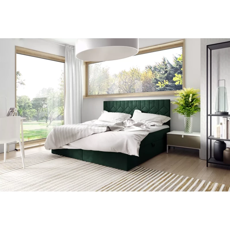 Boxspringbett mit gestepptem Kopfteil ISAR – 140 x 220 cm, grün + GRATIS Matratzenauflage