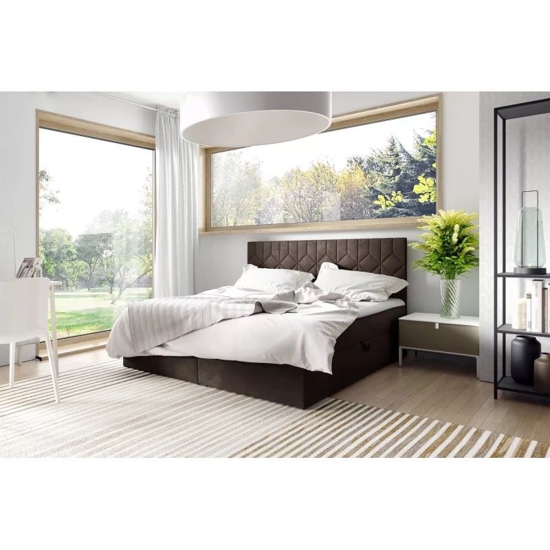 Boxspringbett mit gestepptem Kopfteil ISAR – 140 x 220 cm, braun + GRATIS Matratzenauflage