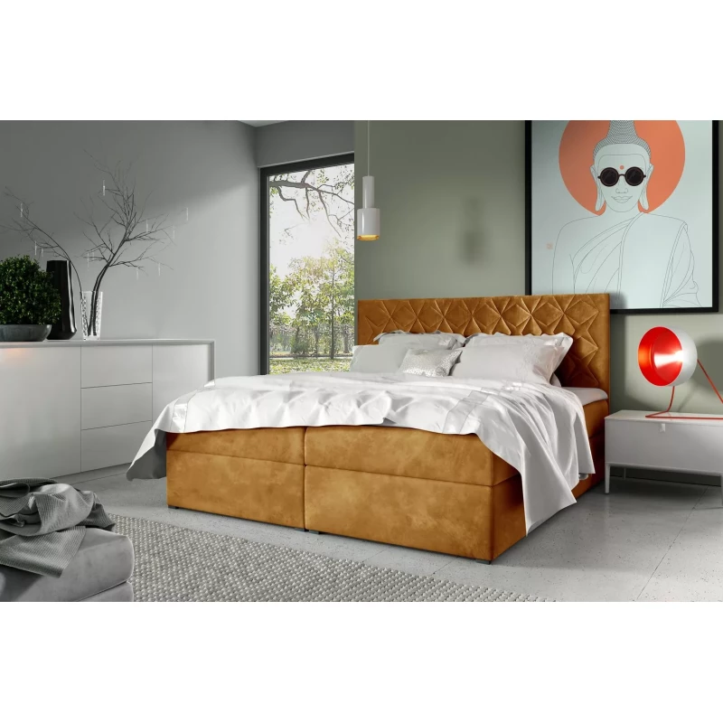 Boxspringbett mit gestepptem Kopfteil EUGEN – 120 x 220 cm, gelb + GRATIS Matratzenauflage