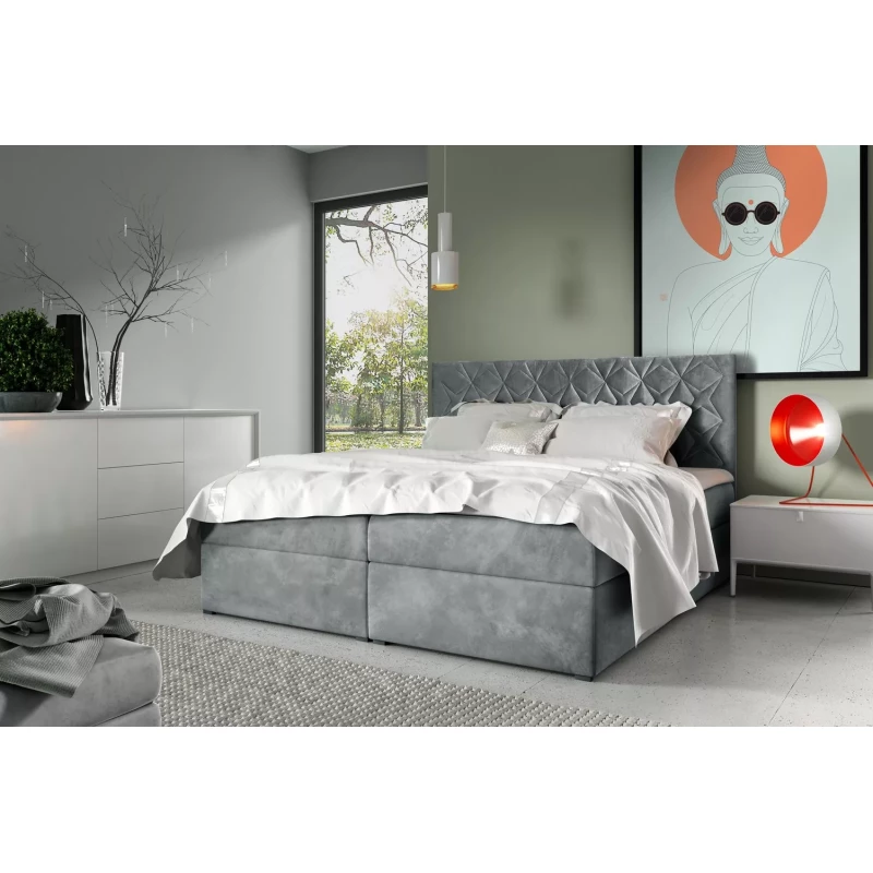 Boxspringbett mit gestepptem Kopfteil EUGEN – 120 x 220 cm, grau + GRATIS Matratzenauflage