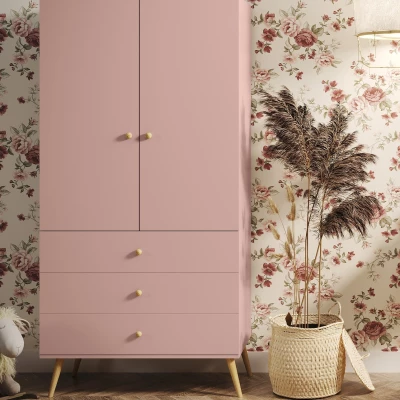 Kinderkleiderschrank mit zwei Türen, 100 cm, NILSA – rosa/braun