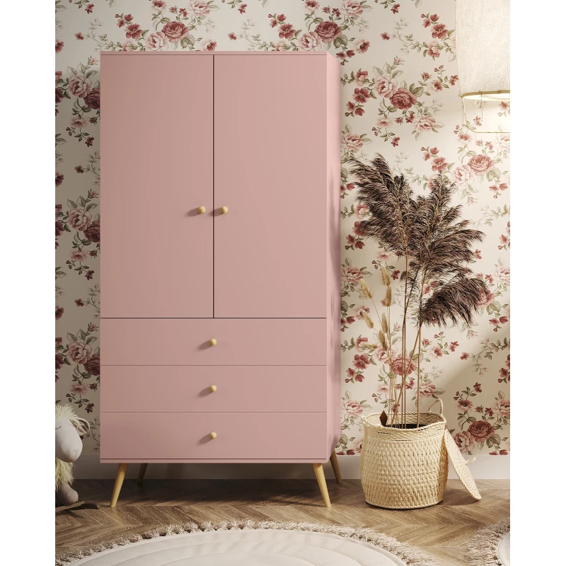 Kinderkleiderschrank mit zwei Türen, 100 cm, NILSA – rosa/braun