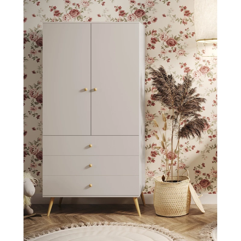 Kinderkleiderschrank mit zwei Türen, 100 cm, NILSA – Kaschmir/Braun