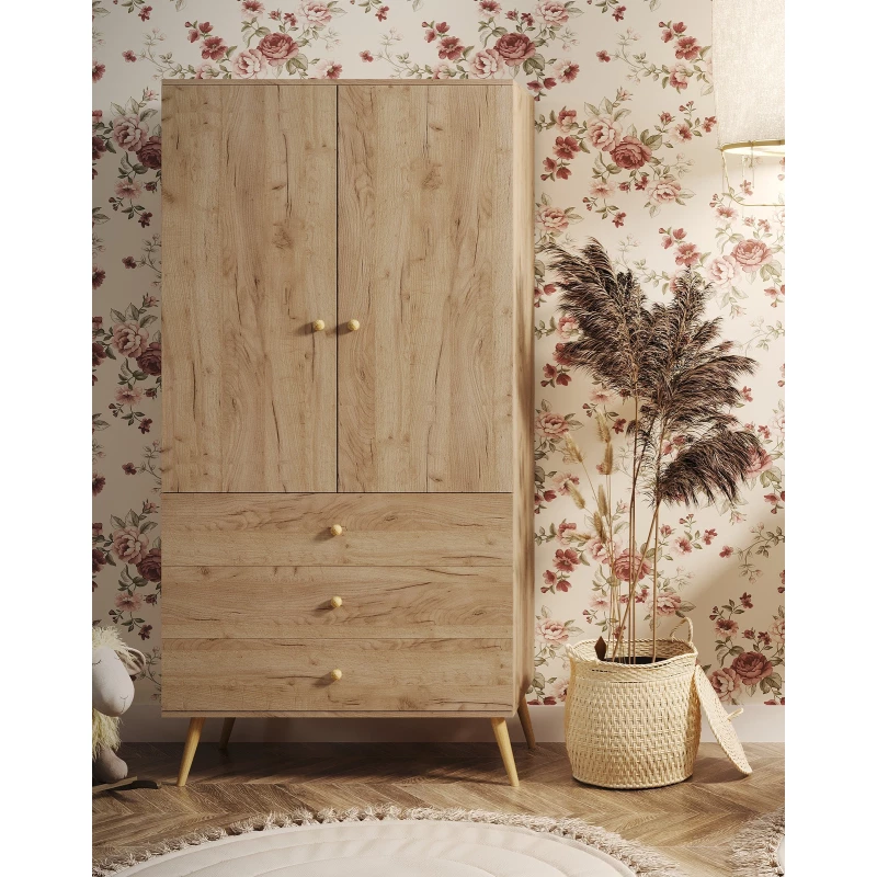 Kinderkleiderschrank mit zwei Türen, 100 cm, NILSA – Eiche Gold/Braun