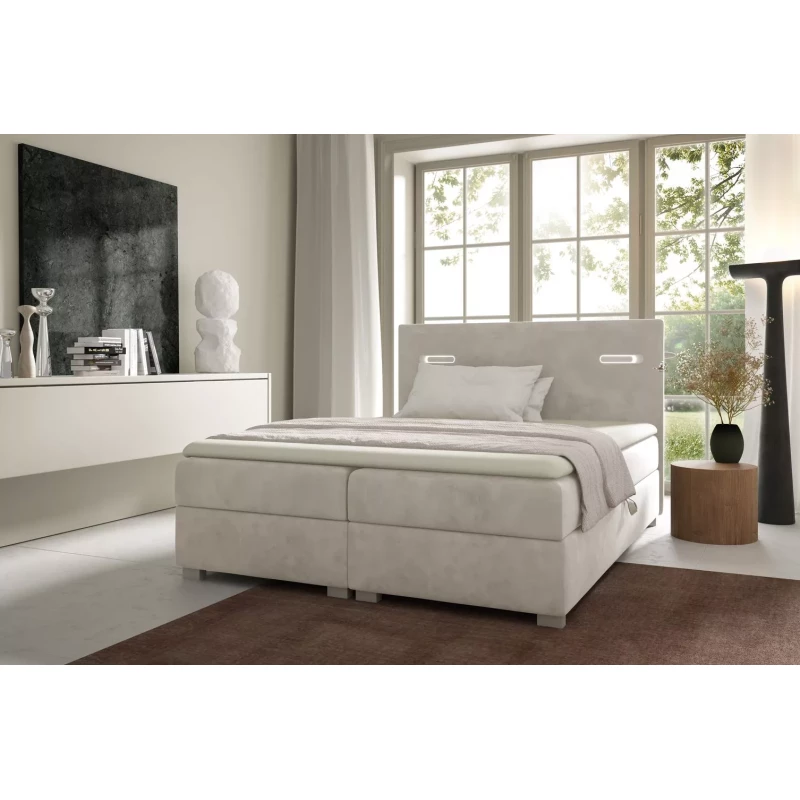 Polsterbett MIRONA 120x220 mit LED-Beleuchtung – beige + GRATIS Matratzenauflage