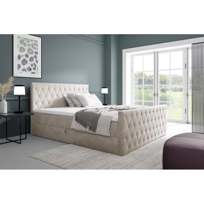 Kontinentales Bett 200x220 TEKLA mit Stauraum - beige + GRATIS Matratzenauflage