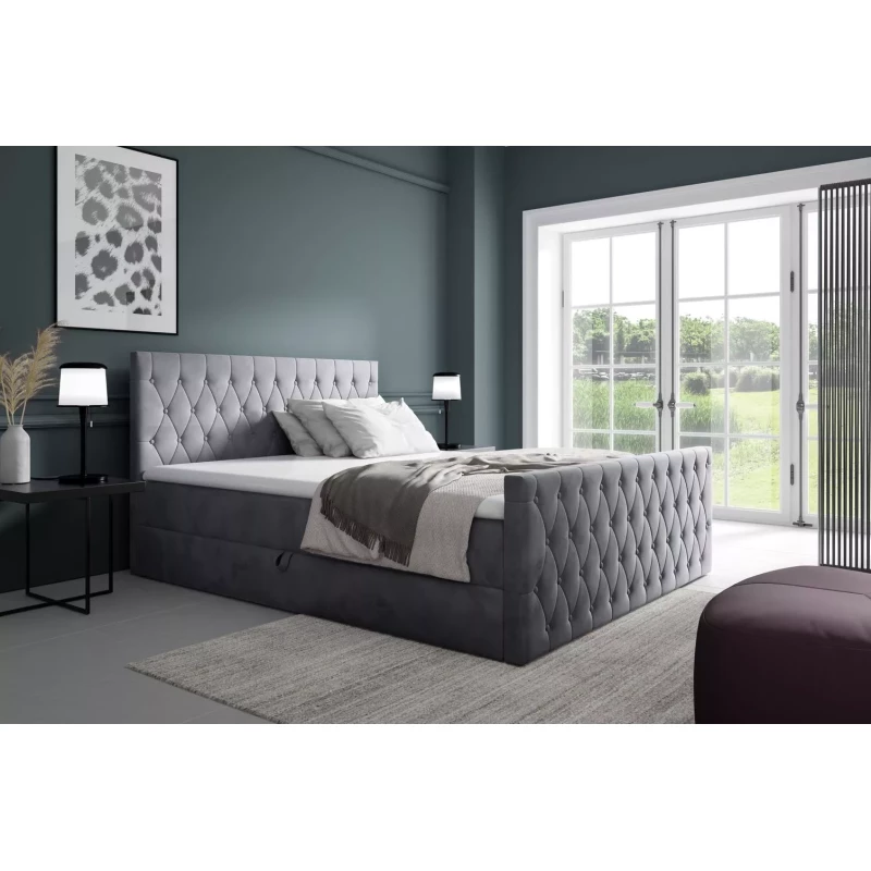 Kontinentales Bett 160x220 TEKLA mit Stauraum - grau + GRATIS Matratzenauflage