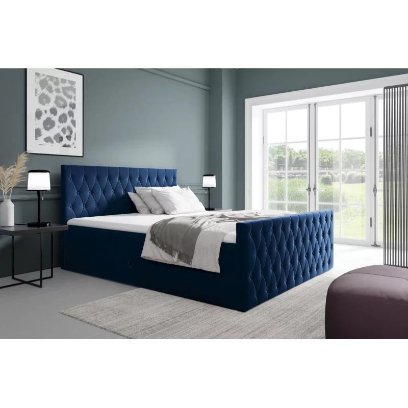 Kontinentales Bett 160x220 TEKLA mit Stauraum - Dunkelblau + GRATIS Matratzenauflage