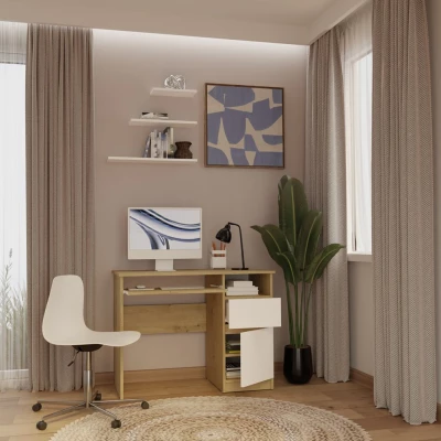 Schreibtisch mit Schublade und Schrank OZARK – Eiche handwerklich / Weiß, authentische Oberfläche