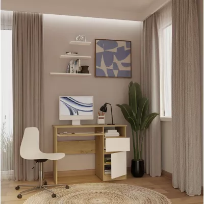 Schreibtisch mit Schublade und Schrank OZARK – Eiche handwerklich / Weiß, authentische Oberfläche