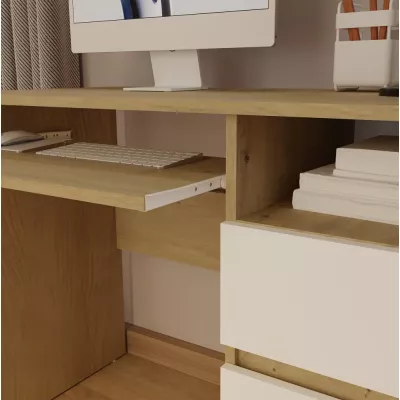 Schreibtisch mit Schublade und Schrank OZARK – Eiche handwerklich / Weiß, authentische Oberfläche