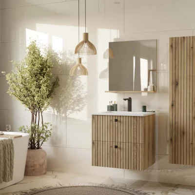 Schmaler Badezimmerschrank unter dem Waschbecken VIRELLA - Eiche + GRATIS Waschbecken