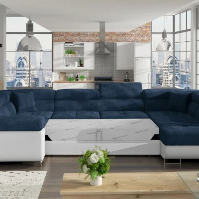 U-förmige Sofagarnitur ORIANA – blau/weißes Öko-Leder, Echtleder