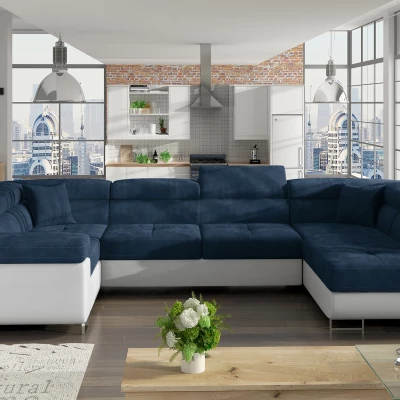 U-förmige Sofagarnitur ORIANA – blau/weißes Öko-Leder, Echtleder