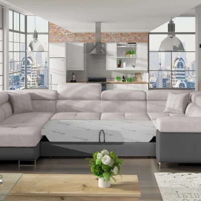 U-förmiges Schlafsofa ORIANA – beige/graues Öko-Leder, linke Ausführung