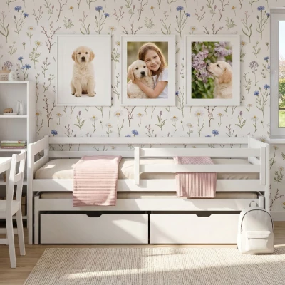 Kinderbett mit Zustellbett und Stauraum HERMIONA – 90x200, Weiß